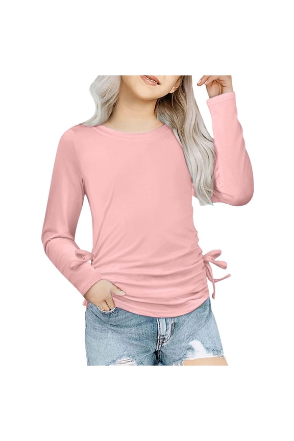 Girls Blouses Drawstring Ruched Knot Side Long Sleeve Tunic Tops Causal Crewneck Shirts for Girls