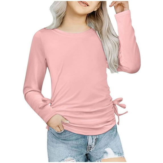 zbxnLI Girls Blouses Drawstring Ruched Knot Side Long Sleeve Tunic Tops Causal Crewneck Shirts for Girls