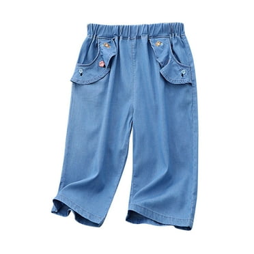 zbxnLI Girls Capri Jeans Cute Floral Elastic Waist Wide Leg Cropped Denim Pants with Pockets Size 5-12T