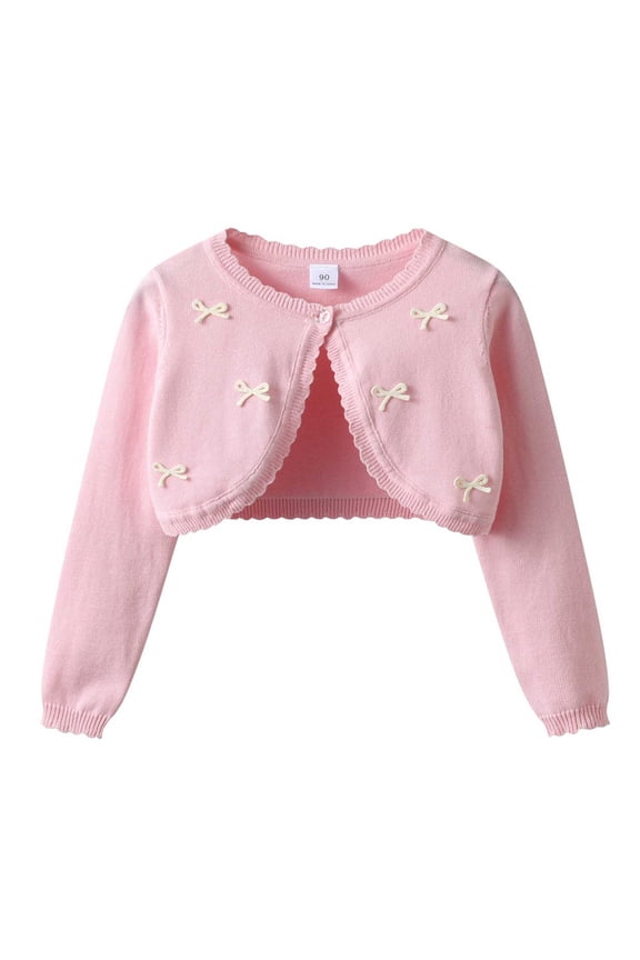 Girls Cardigan Long Sleeve Button Bow Trim Cropped Tops Casual Fashion Cardigans for Kids 1-13 Years