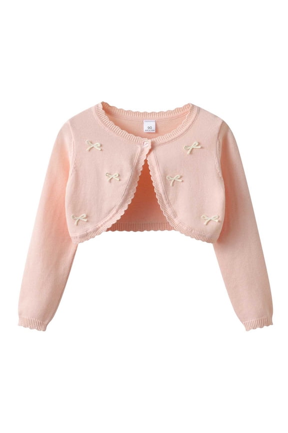 Girls Cardigan Long Sleeve Button Bow Trim Cropped Tops Casual Fashion Cardigans for Kids 1-13 Years