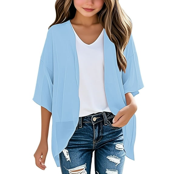 zbxnLI Girls Chiffon Cardigan 3/4 Sleeve Open Front Summer Cardigans Lightweight Outwear 3-14 Years