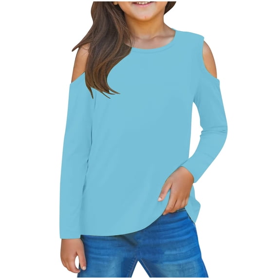 zbxnLI Girls Cold Shoulder Tops Fall Winter Long Sleeve Tunic Shirts Kids Girls Crew Neck Tee Tops