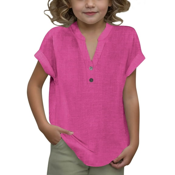 zbxnLI Girls Cotton Linen Shirts Button V Neck Summer Causal Tunic Blouses Lightweight Short Sleeve Tops