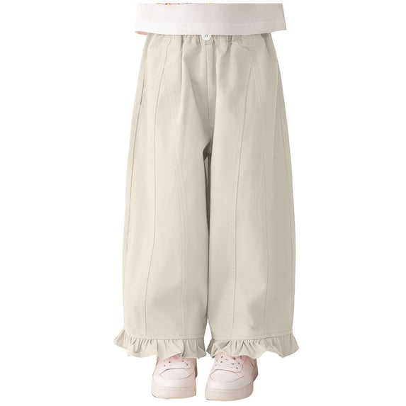 zbxnLI Girls Cotton Pants Elastic Waist Ruffle Hem Pants Wide Leg Loose Fashion Casual Trousers for Kids 2-14 Years