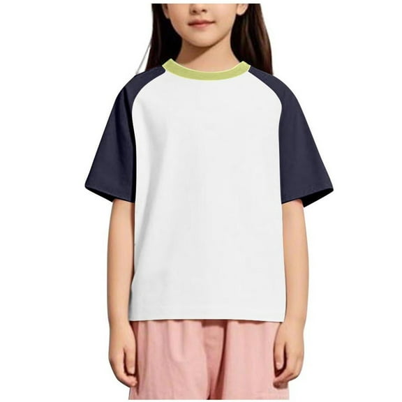 zbxnLI Girls Cotton Shirts Short Sleeve Color Block Classic T-Shirts Loose Casual Tops for Girls