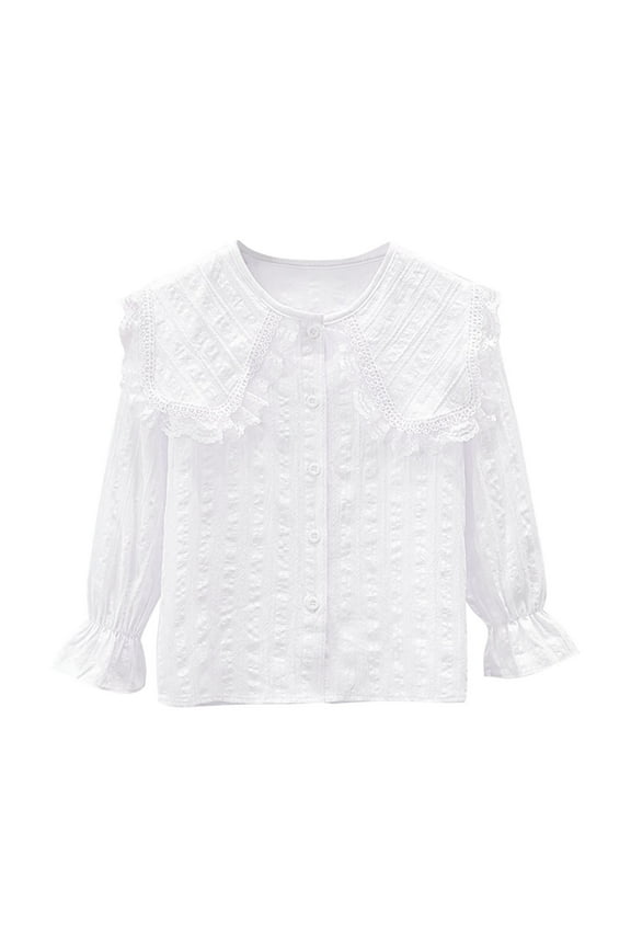 Girls Dress Shirts Ruffle Collar Long Sleeve School Uniform Blouses Formal Buttons Tops