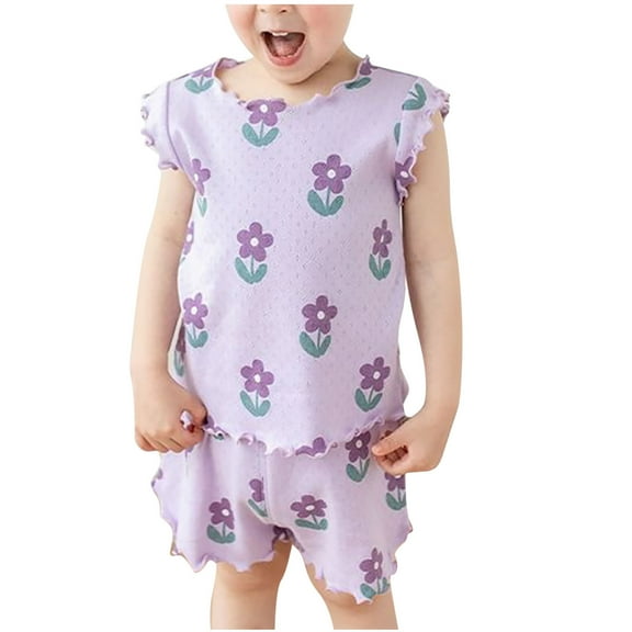 zbxnLI Girls Floral Pajama Sets Cotton Tank Tops Sleepwear Shorts Sets 2PCS Summer Outfits Size 2-10T