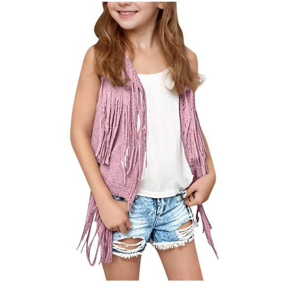zbxnLI Girls Fringe Open Front Vest Vintage Cardigan Sleeveless Boho Outerwear Vests Trendy Clothes