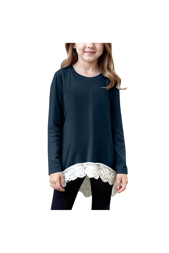 Girls Long Sleeve Blouses Lace Hem Casual Crew Neck Loose T-Shirt Fall Winter Shirt for Girls