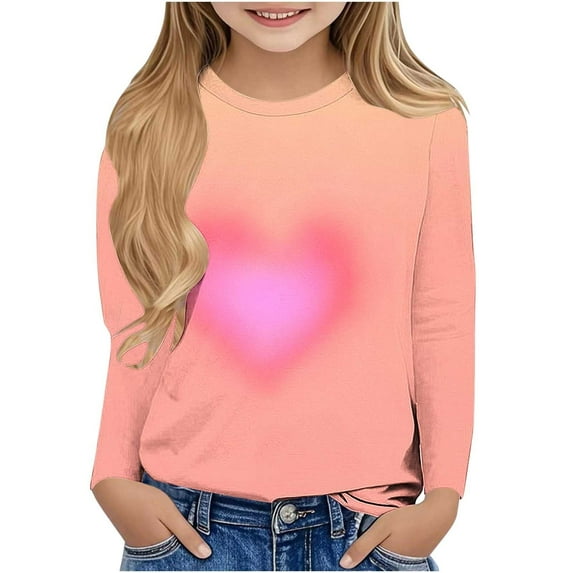 zbxnLI Girls Long Sleeve Tops Heart Graphic Tees Basic Crew Neck Classic T-Shirt Fall Winter Clothes