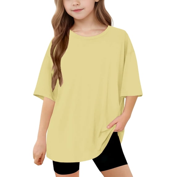 zbxnLI Girls Oversized T Shirts Casual Loose Short Sleeve Crew Neck Solid Color Tops Summer Cute Top for Kids