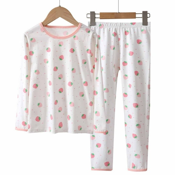 zbxnLI Girls Pajama Sets Strawberry Print Long Sleeve Sleep Shirts Bottom Pants Clothes Sets Sleepwear