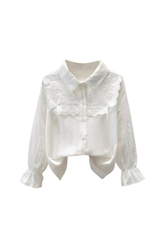 Girls School Uniform Shirts Ruffle Trim Long Sleeve Button down Dress Shirt Cute Blouses