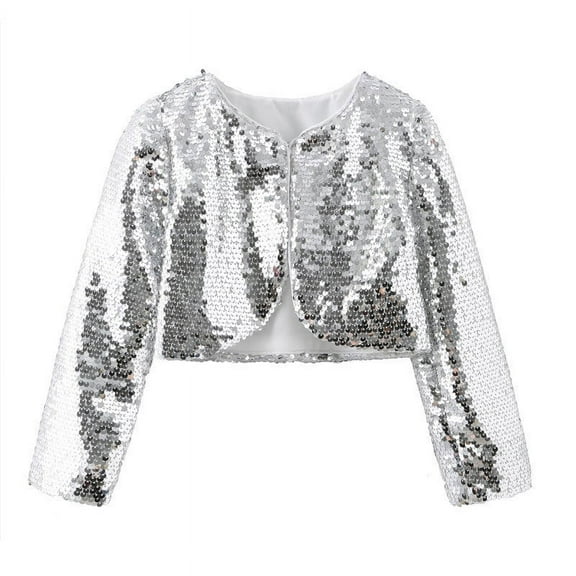zbxnLI Girls Sequin Tops Glitter Long Sleeve Crop Tops Party Dance Open Front Cardigan for Little Girls