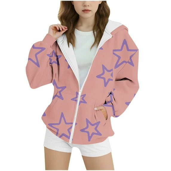 zbxnLI Girls Star Graphic Hoodie Zip up Sweatshirt Lightweight Long Sleeve Hooded Fall Outerwear Jackets