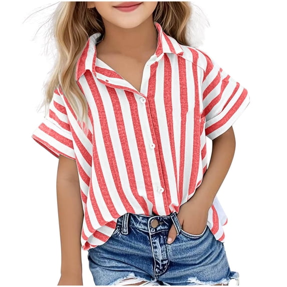 zbxnLI Girls Striped Shirt Button down Short Sleeve Casual Loose Summer Blouses Lightweight Outfit for Kids