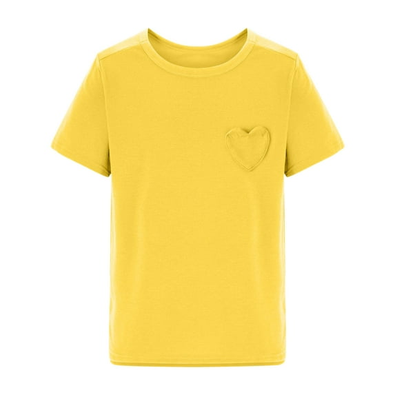 zbxnLI Girls Summer T Shirts Heart Pocket Classic Shirts Plain Short Sleeve Crew Neck Tee Tops 5-15 Years