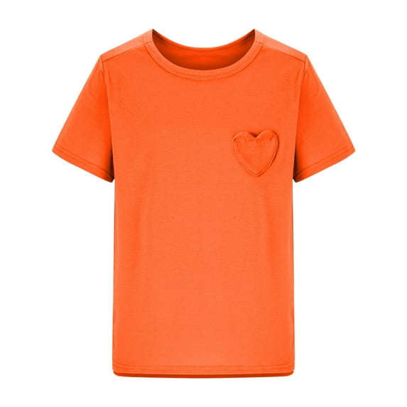 zbxnLI Girls Summer T Shirts Heart Pocket Classic Shirts Plain Short Sleeve Crew Neck Tee Tops 5-15 Years