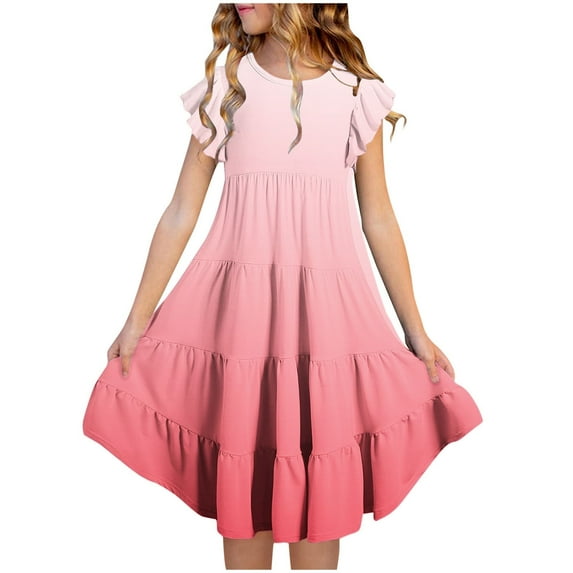 zbxnLI Girls Sundress Summer Flutter Sleeve A-Line Beach Dresses Gradient Midi Dresses Size 6-15 Years