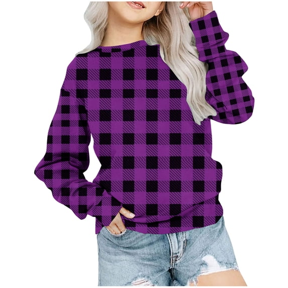 zbxnLI Girls Sweatshirts Crew Neck Long Sleeve Plaid Shirts Fall Winter Casual Pullover Tops for Kids