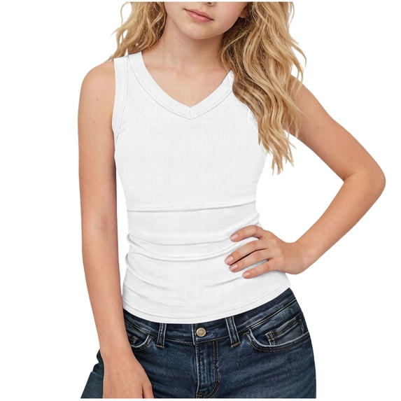 zbxnLI Girls V Neck Basic Tank Tops Plain Sleeveless Undershirt Soft Ribbed T Shirts Summer Tee Top for Kids