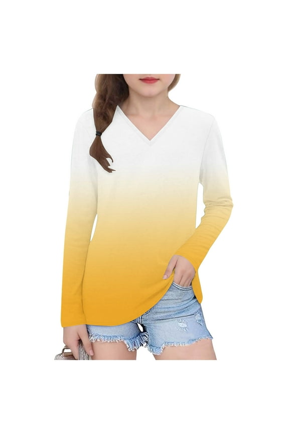 Girls V Neck Long Sleeve Shirts Teen Girls Gradient Graphic T-Shirts Casual Loose Basic Tees