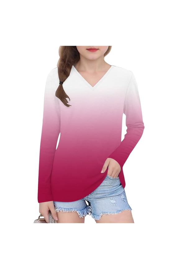 Girls V Neck Long Sleeve Shirts Teen Girls Gradient Graphic T-Shirts Casual Loose Basic Tees