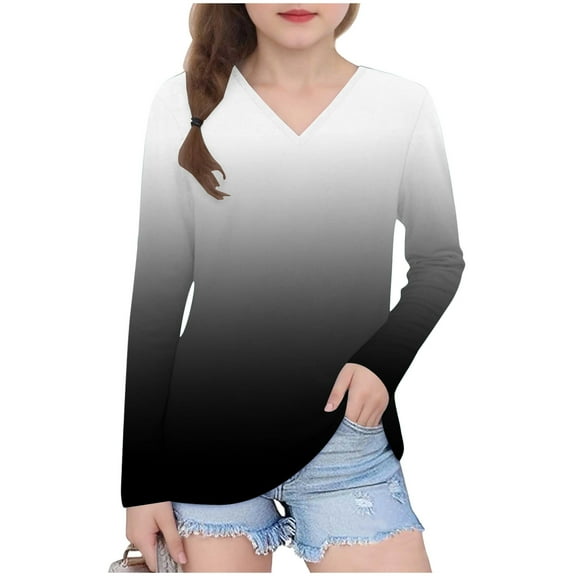 zbxnLI Girls V Neck Long Sleeve Shirts Teen Girls Gradient Graphic T-Shirts Casual Loose Basic Tees