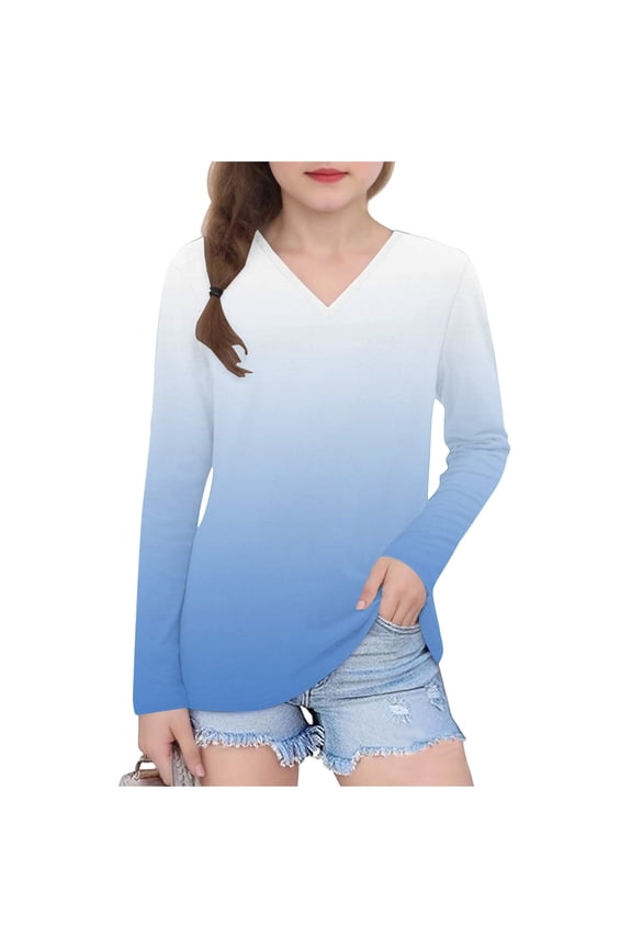 Girls V Neck Long Sleeve Shirts Teen Girls Gradient Graphic T-Shirts Casual Loose Basic Tees