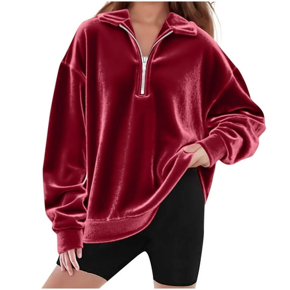 zbxnLI Girls Velvet Sweatshirt Half Zip Sweatshirts Collared Vintage Velour Pullover Tops with Pocket