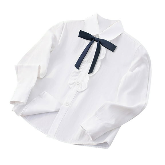 zbxnLI Girls White Shirts Bowtie Collar School Uniform Shirt Long Sleeve Button down Tops Age 4-16 Years