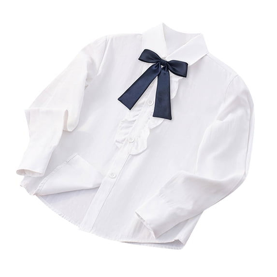 zbxnLI Girls White Shirts Bowtie Collar School Uniform Shirt Long Sleeve Button down Tops Age 4-16 Years