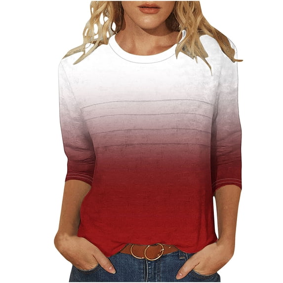 zbxnLI Gradient Tops Women's Pleated Crew Neck Shirst 3/4 Sleeve Top Dressy Blouses Fashion Spring Clothes