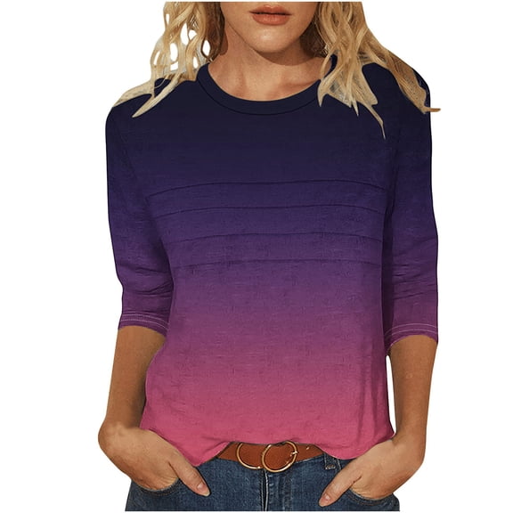 zbxnLI Gradient Tops Women's Pleated Crew Neck Shirst 3/4 Sleeve Top Dressy Blouses Fashion Spring Clothes