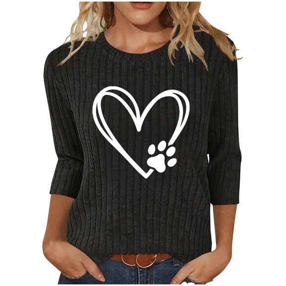 zbxnLI Heart Printed Shirts Women's Valentine's Day Tops 3/4 Sleeve Shirt Crew Neck Blouse Casual Spring Clothes