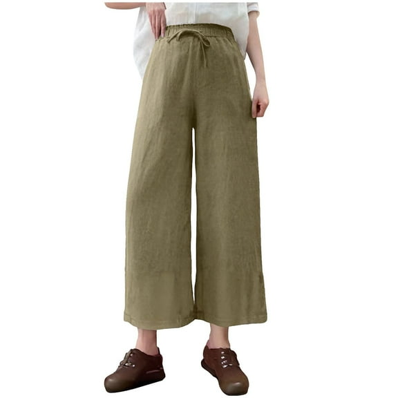 zbxnLI High Waist Pants Womens Wide Leg Pant Coton Linen Baggy Trousers Ladies Drawstring Summer Clothes M-3XL