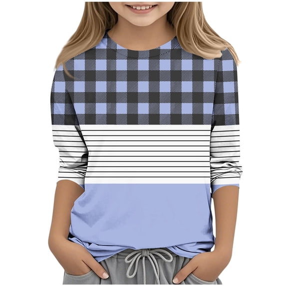 zbxnLI Kid's 3/4 Sleeve Tops Crew Neck Striped Plaid Casual Tshirt Loose Lightweight Shirts for Boys Girls 3-14 Years