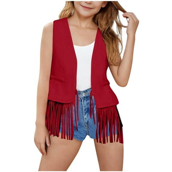 zbxnLI Kids Girls Open Front Vest with Fringe Hem Sleeveless Cardigan Vintage Boho Waistcoats Outerwear