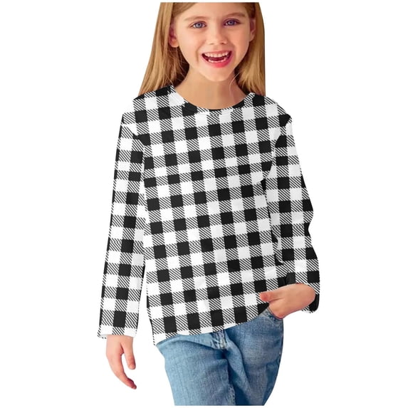zbxnLI Kids Long Sleeve Blouses Crew Neck Plaid Casual Tunic Shirts Fashion Loose Pullover Tops for Girls