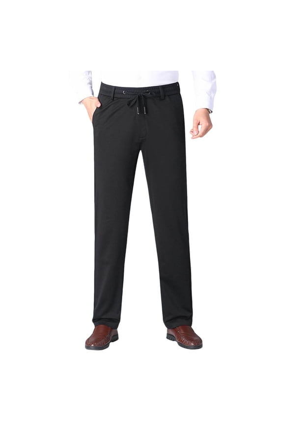 L-5XL Men's Fleece Lined Warm Trousers Straight Leg Pants High Waist Pant Business Work Trouser with Pockets