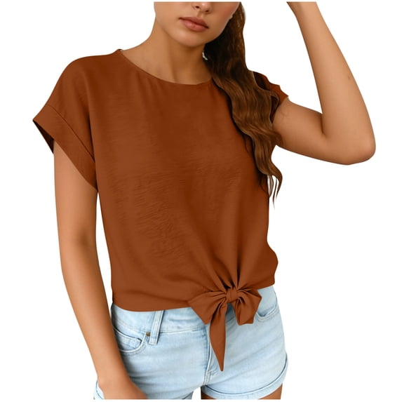 zbxnLI Lightweight T Shirt for Women Summer Casual Loose Cute Tie Front Short Sleeve Tee Top Fashion Going out Tops