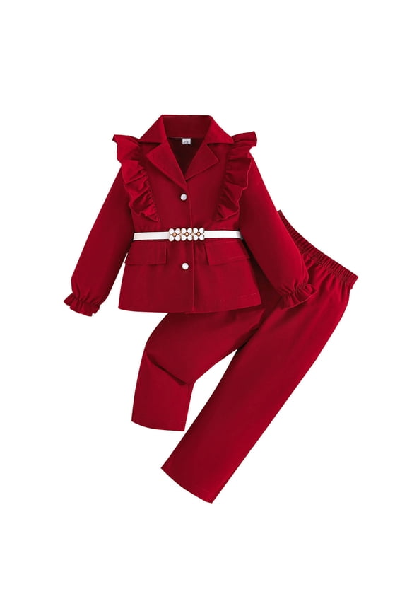 Little Girl Two Piece Suit Outfit Ruffle Long Sleeve Button down Blazer + Straight Leg Dress Pants Sets
