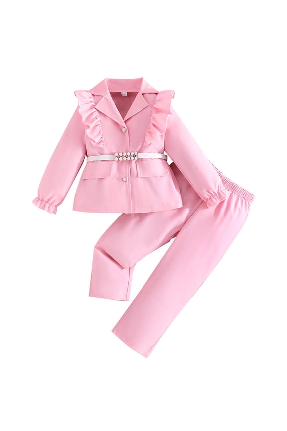 Little Girl Two Piece Suit Outfit Ruffle Long Sleeve Button down Blazer + Straight Leg Dress Pants Sets