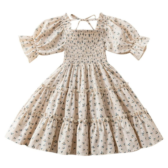 zbxnLI Little Girls Floral Dress Puff Sleeve Smocked Boho Sundress Swing A-Line Dresses for Girls