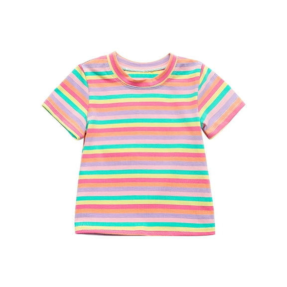 zbxnLI Little Girls Striped Short Sleeve Shirts Colorful Crew Neck Casual T-Shirt Toddler Girls Cotton Tee Tops