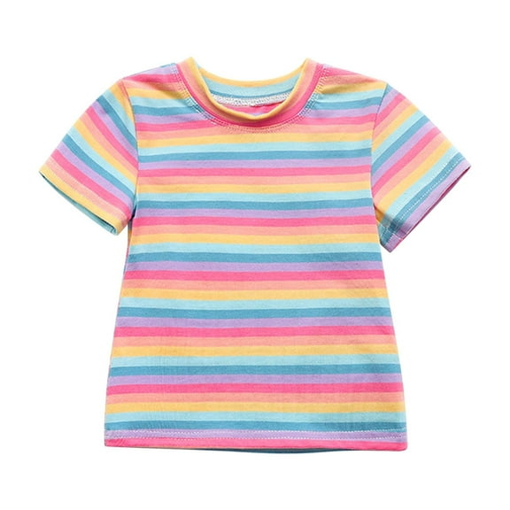 zbxnLI Little Girls Striped Short Sleeve Shirts Colorful Crew Neck Casual T-Shirt Toddler Girls Cotton Tee Tops