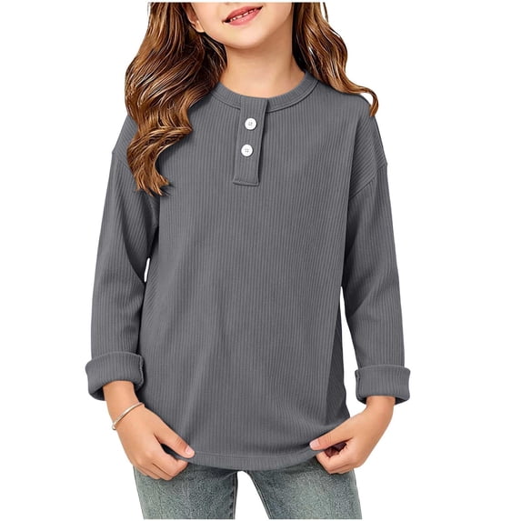 zbxnLI Long Sleeve Shirts for Kids Button Round Neck Casual Loose Tops Boys Girls Lightweight Solid Color Clothes