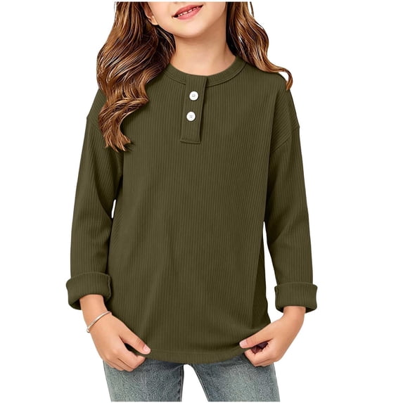 zbxnLI Long Sleeve Shirts for Kids Button Round Neck Casual Loose Tops Boys Girls Lightweight Solid Color Clothes