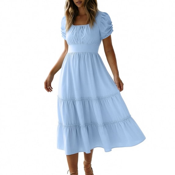 zbxnLI Maxi Dress for Women Fashion Wrap A Line Puff Short Sleeve Sundress Summer Vacation Wedding Dresses